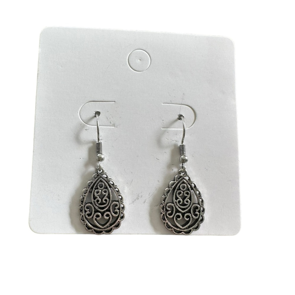 Silver Boho Teardrop Shaped Cut Metal Drop Earrings